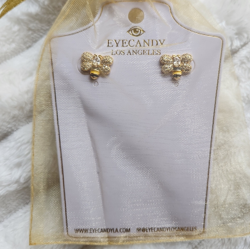 EyeCandy Los Angeles Honey Bee Brass and Cubic Zerconia Earrings